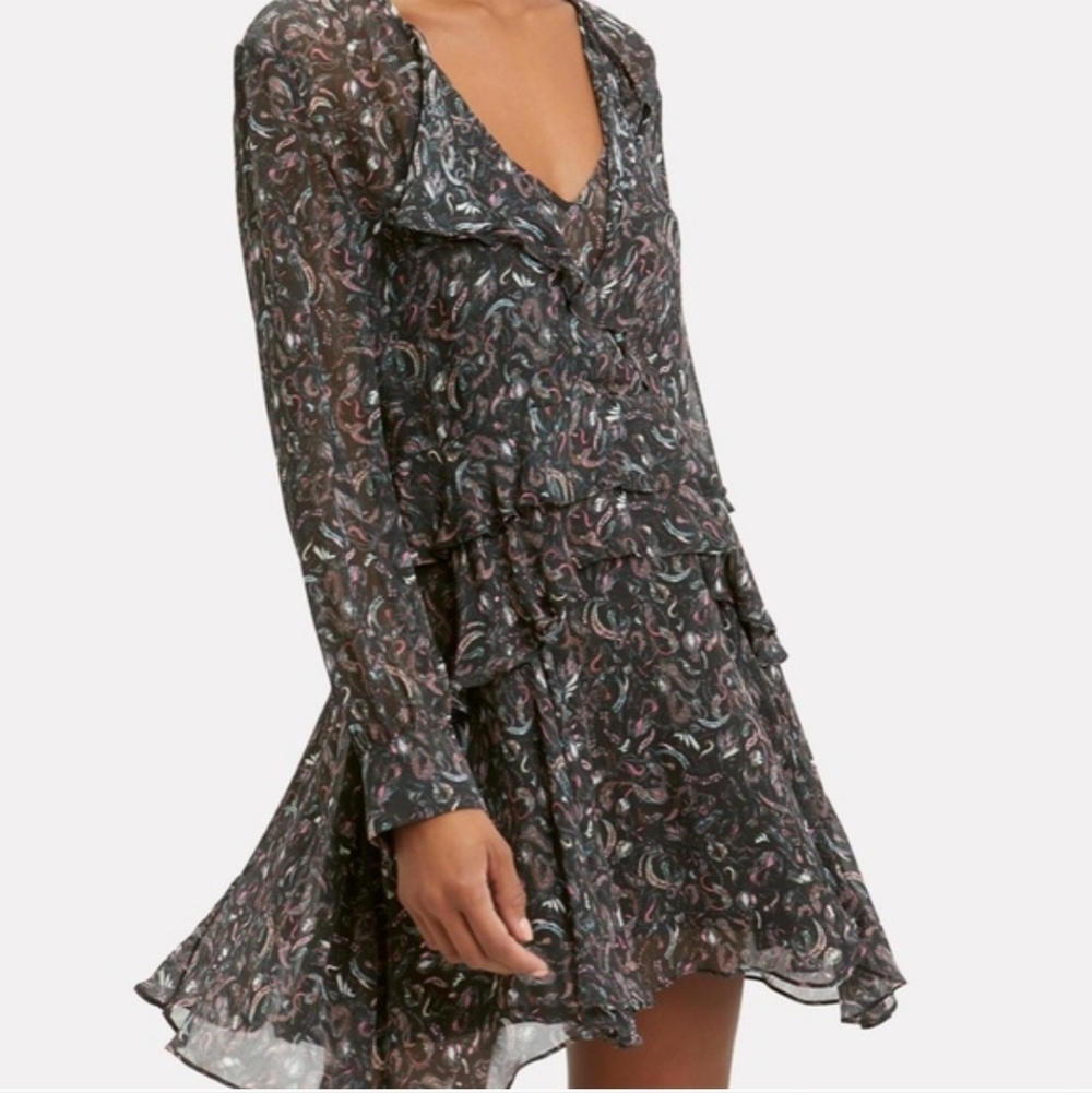 IRO Mini Dress Honess Ruffled Black Printed Chiffon Size 36 or US 4 Fairy Dainty